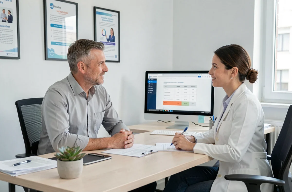 Homme consultant une conseillère en mutuelle santé dans un bureau professionnel pour comparer les garanties
