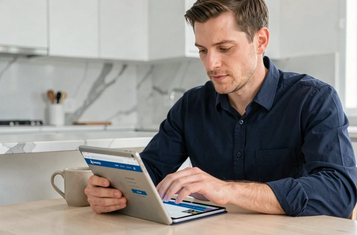 Homme consultant son contrat d'assurance sur une tablette dans une cuisine moderne