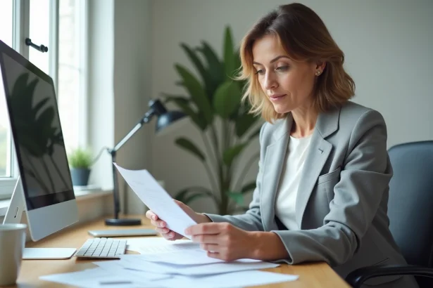 Femme consultant un fichier administratif et des documents imprimés à son bureau à domicile