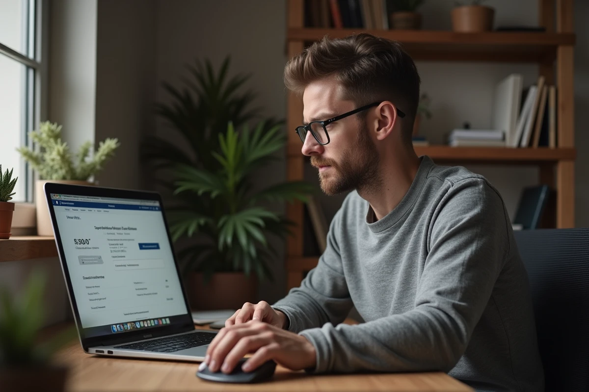 Homme consultant un site de bulletins de paie en ligne depuis son bureau à domicile