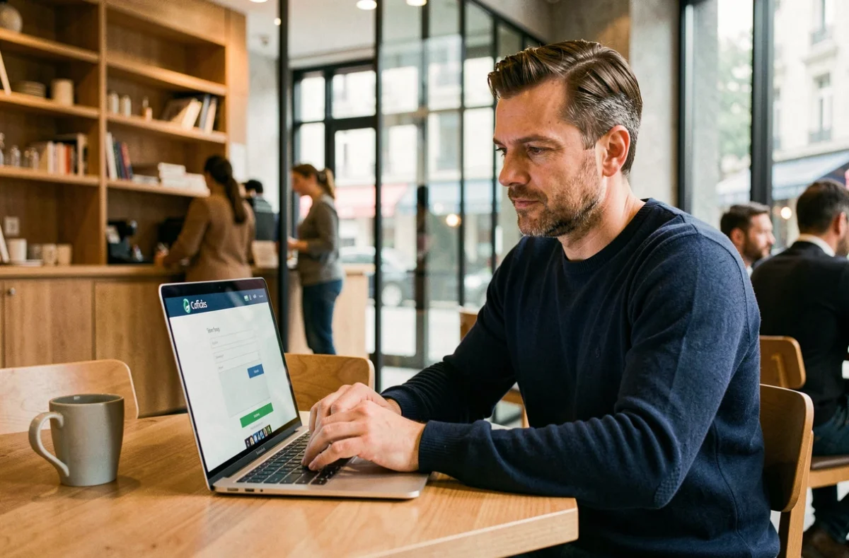 Homme utilisant le formulaire en ligne pour contacter Cofidis depuis un café
