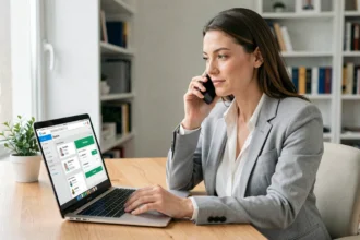 Femme contactant le service client Cofidis par téléphone depuis son bureau à domicile