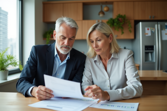 Couple d'adultes en cuisine étudiant des documents immobiliers