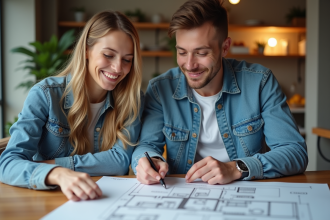 Jeune couple discutant de plans de rénovation dans un appartement lumineux
