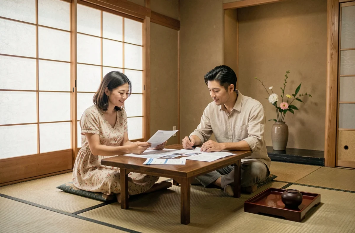 Couple de voyageurs consultant leurs documents d'assurance voyage dans un ryokan traditionnel japonais