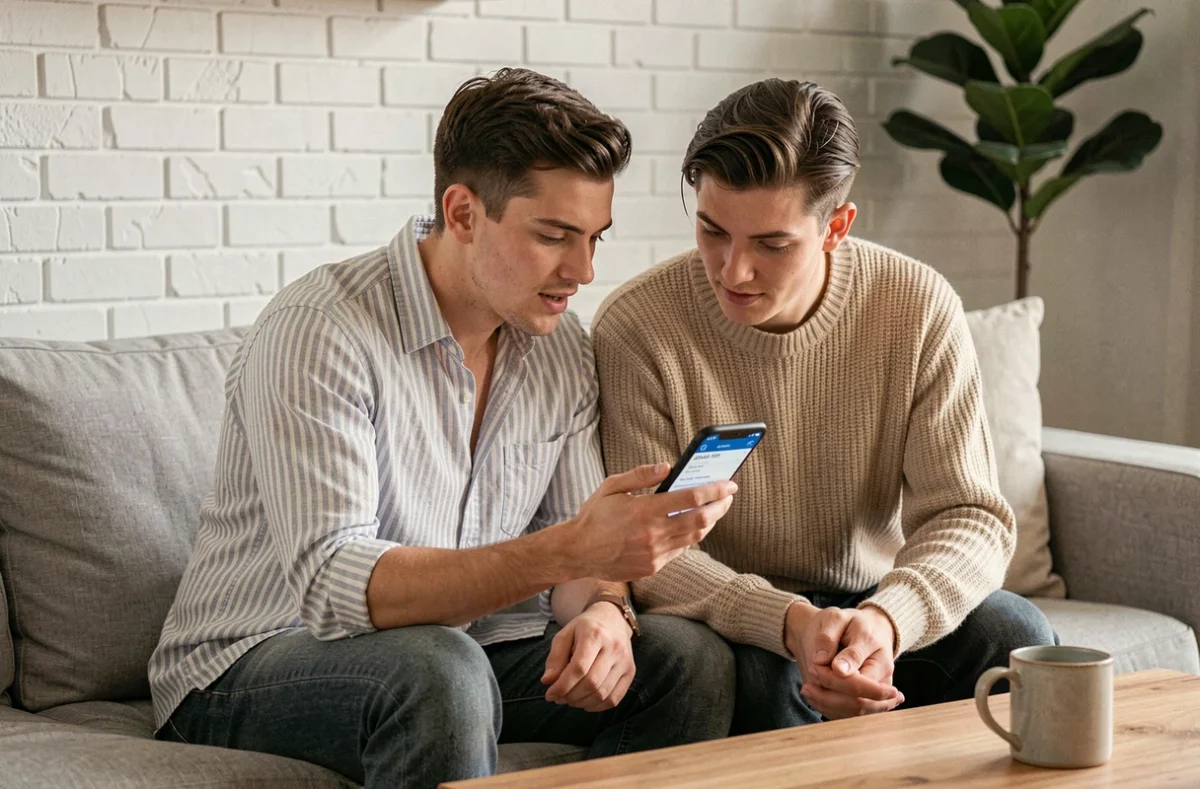Couple consultant l'espace client BPVF Banque Populaire Val de France ensemble sur smartphone à la maison