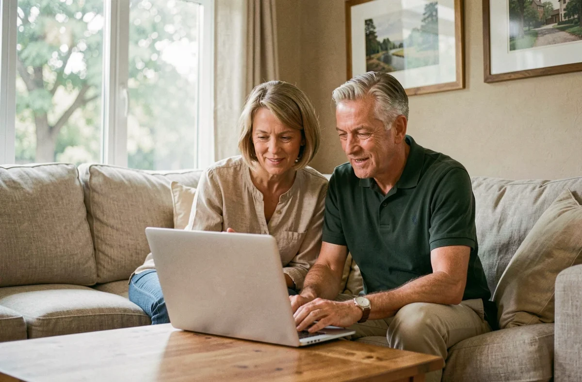 Couple senior gérant ensemble leurs assurances en ligne depuis leur salon