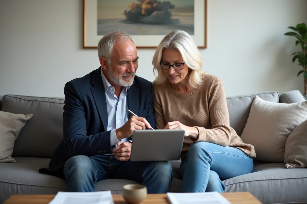 Couple gérant leurs finances en ligne sur une tablette depuis leur salon, en remplacement d'une visite en agence LCL