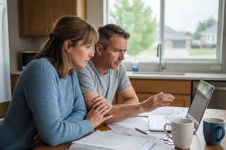 Couple d'adultes discutant de finances à la maison