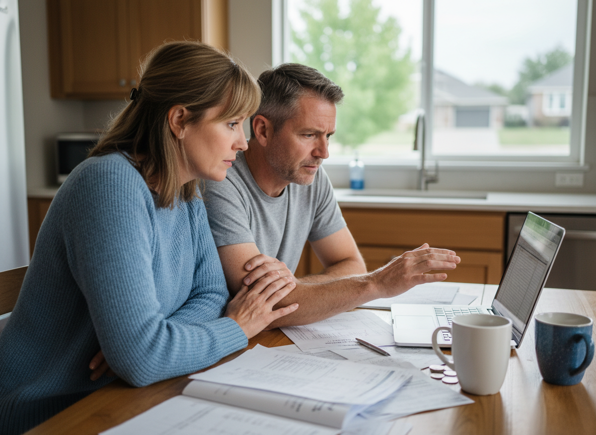 Couple d'adultes discutant de finances à la maison