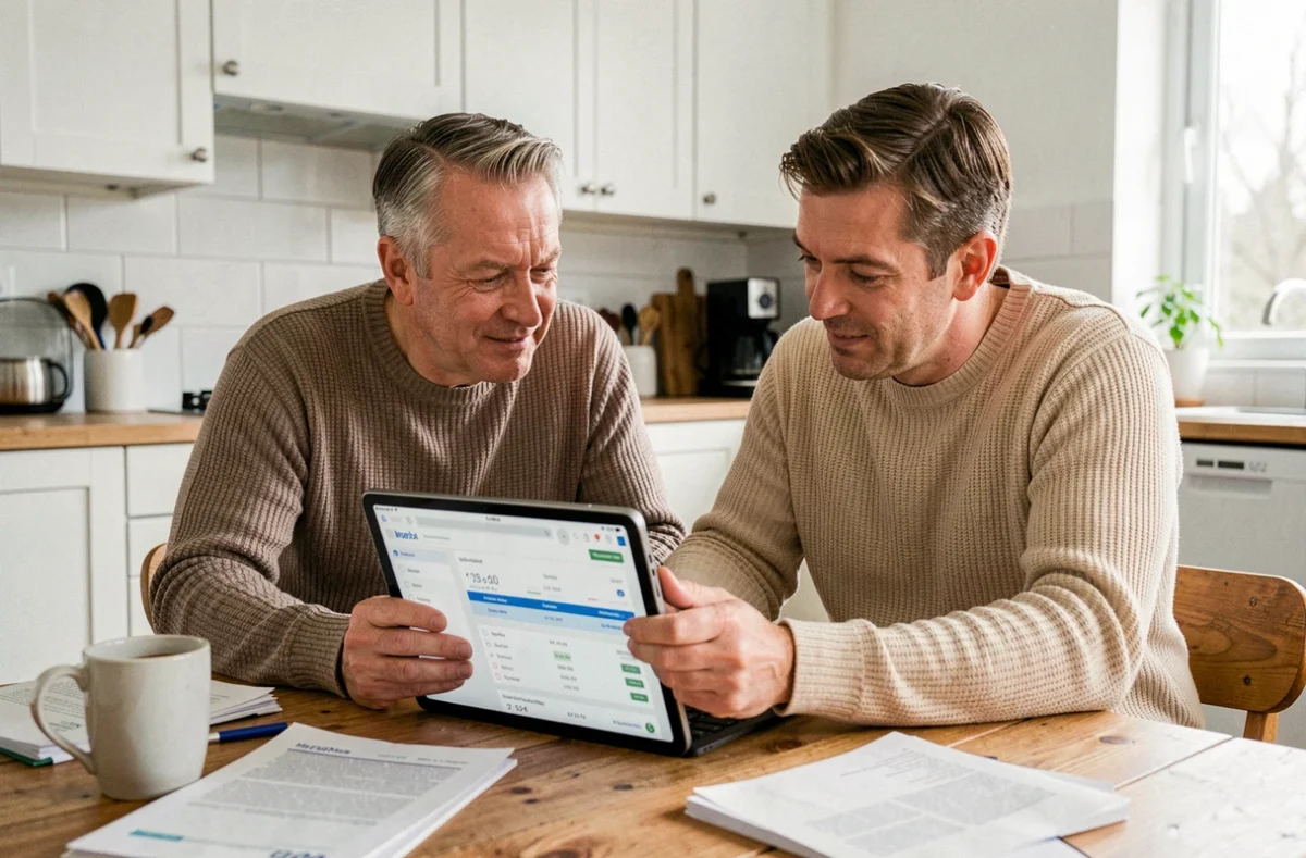 Couple gérant leurs comptes en ligne via l'espace client Cyberplus Banque Populaire Sud Ouest sur tablette dans leur cuisine
