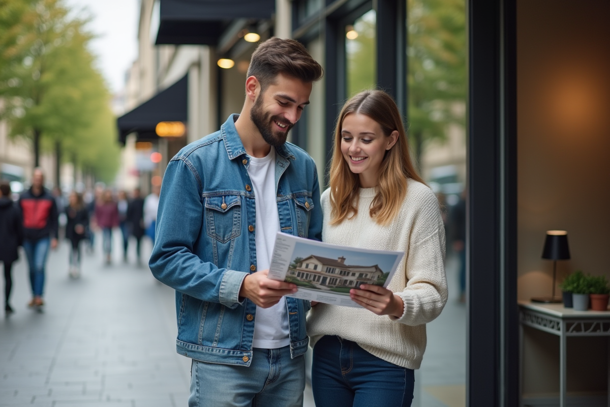 Jeune couple regardant des brochures immobilières dans la rue