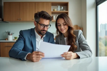 Couple en cuisine lisant des documents immobiliers