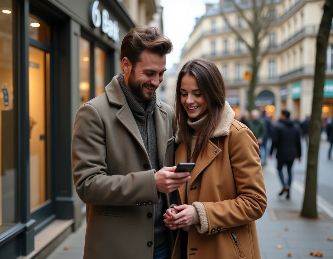 Jeune couple souriant devant une agence CIC après avoir finalisé leur mobilité bancaire