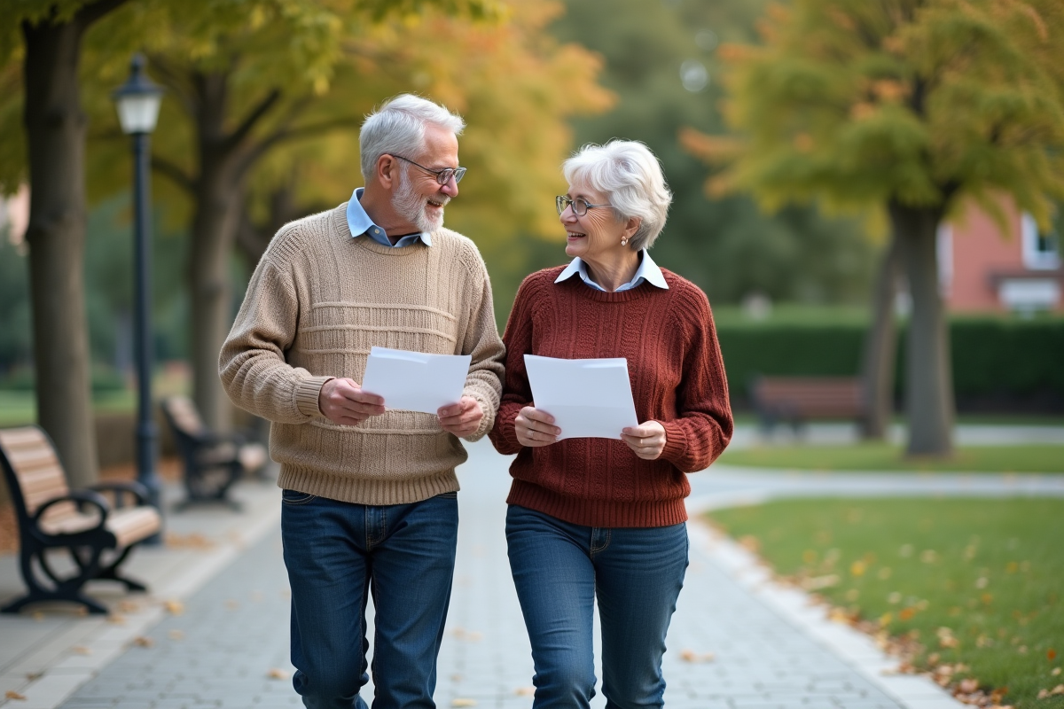 Couple retraité marchant dans un parc urbain