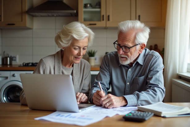 Couple agee revoyant documents financiers dans la cuisine