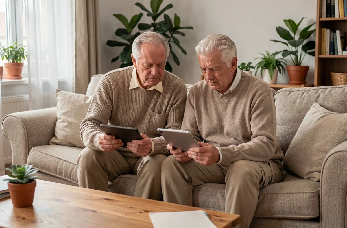 Couple de seniors consultant les avis en ligne sur leur mutuelle santé Harmonie Mutuelle