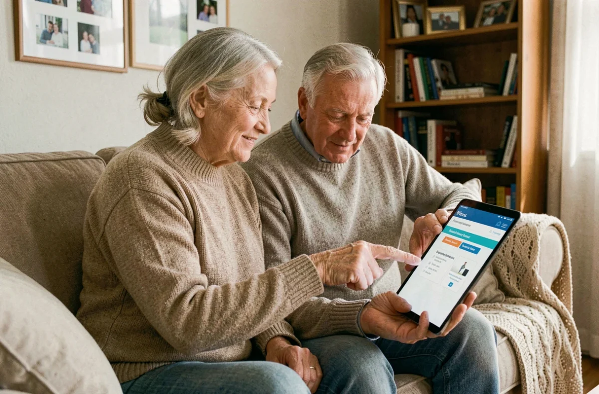 Couple de seniors comparant les garanties d'une mutuelle santé sur une tablette dans leur salon
