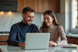 Couple souriant dans la cuisine moderne avec ordinateur