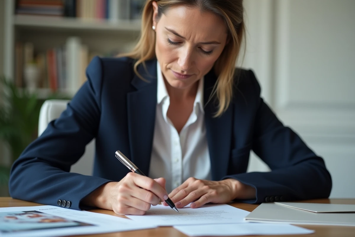 Femme rédigeant un courrier formel adressé au Centre Financier de La Banque Postale