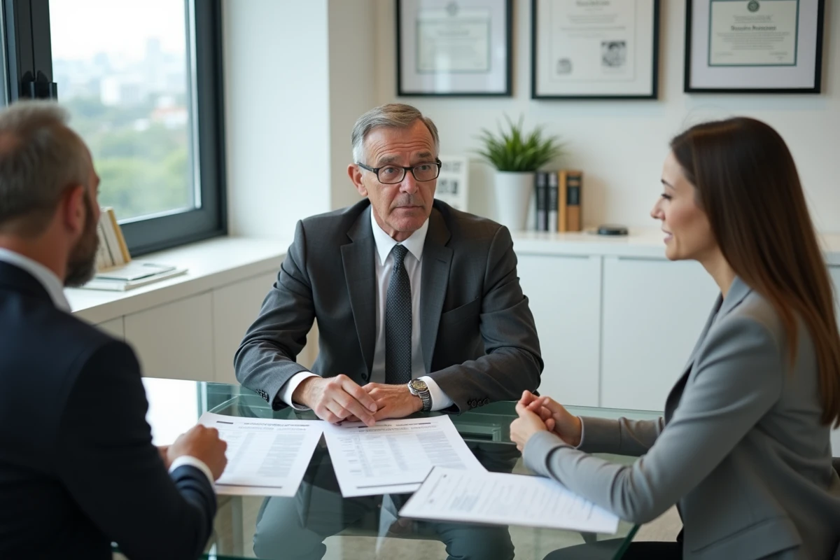 Courtier en crédit immobilier présentant une comparaison de taux à un couple dans son cabinet
