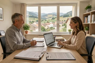Courtier en crédit immobilier conseillant des clients dans un bureau moderne de l'Ain, avec des documents de prêt sur le bureau et une vue sur la campagne aindinoise
