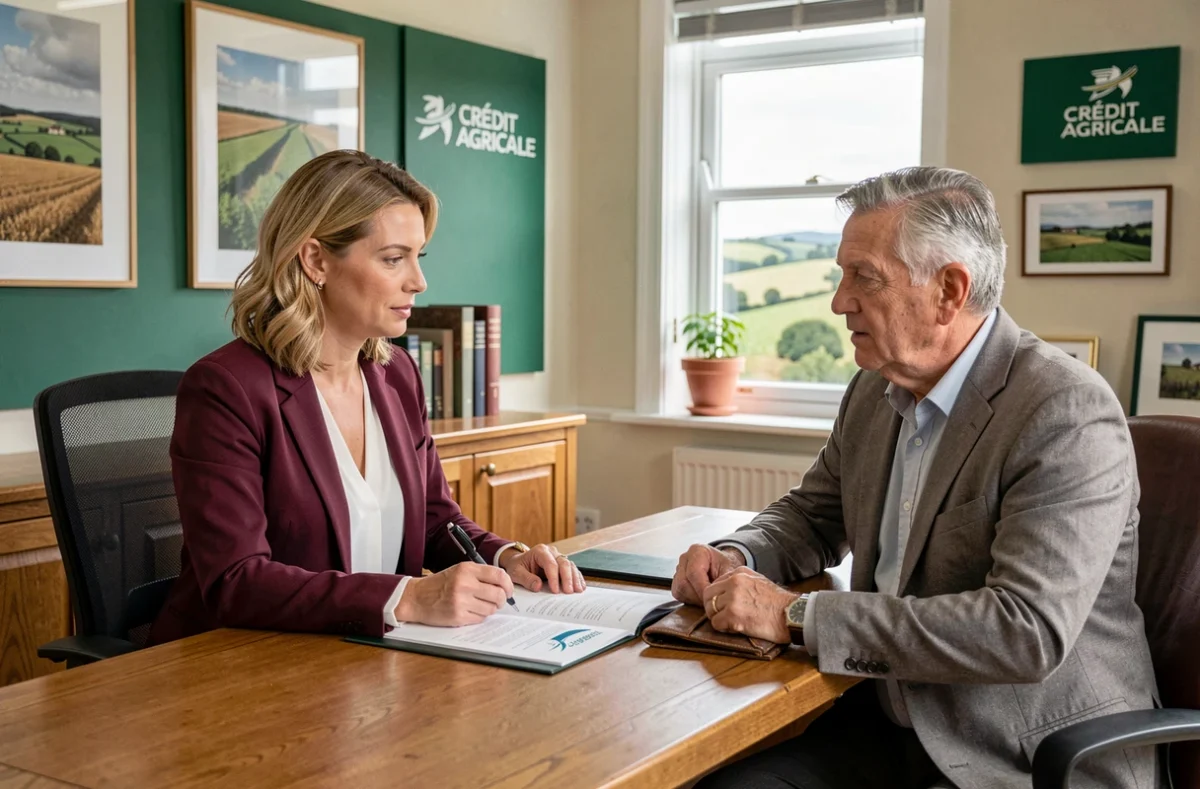 Conseillère Crédit Agricole Banque Privée Normandie en réunion avec un client investisseur dans un bureau régional