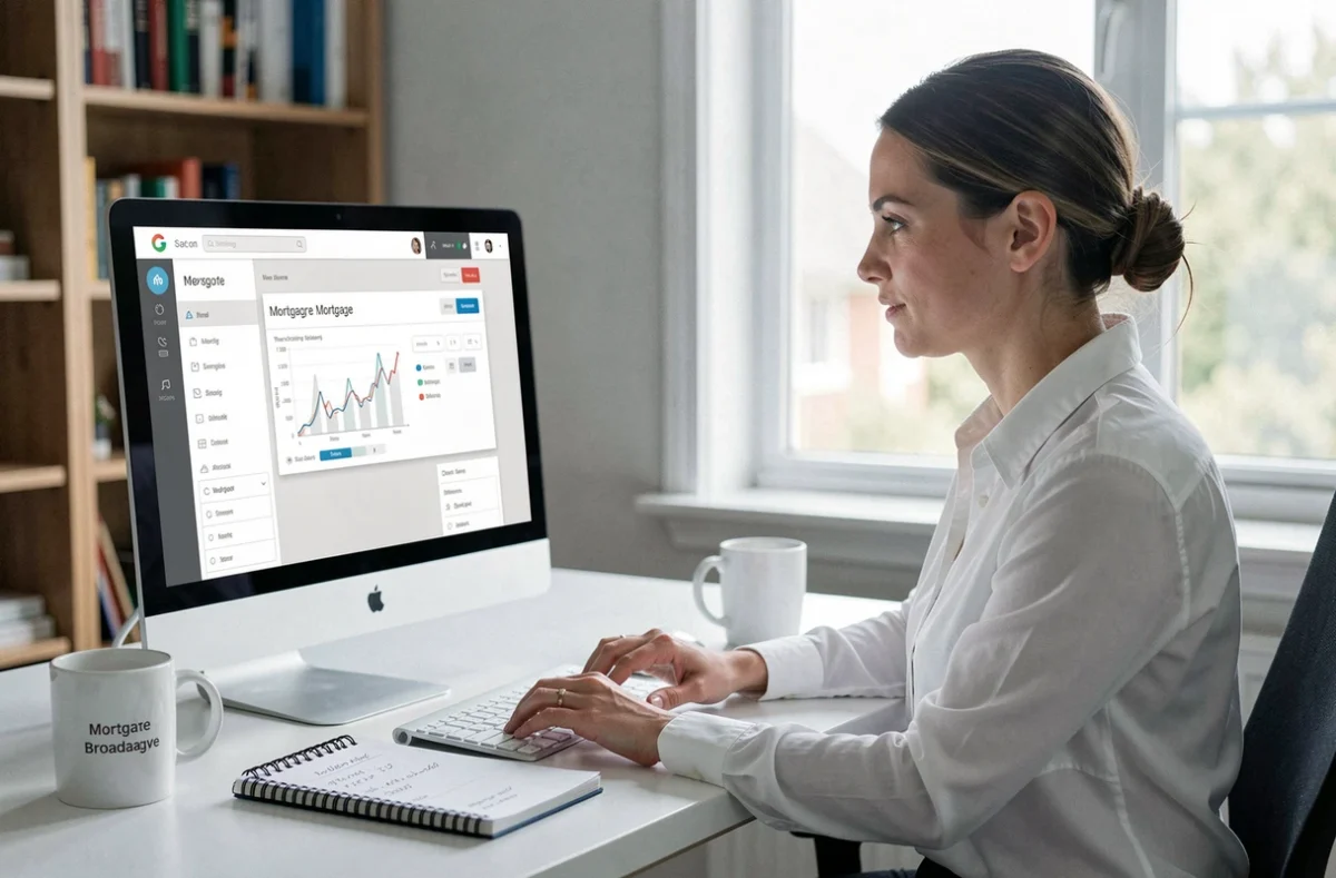 Conseillère Crédixia travaillant depuis un bureau à domicile sur une interface de simulation de crédit immobilier en ligne