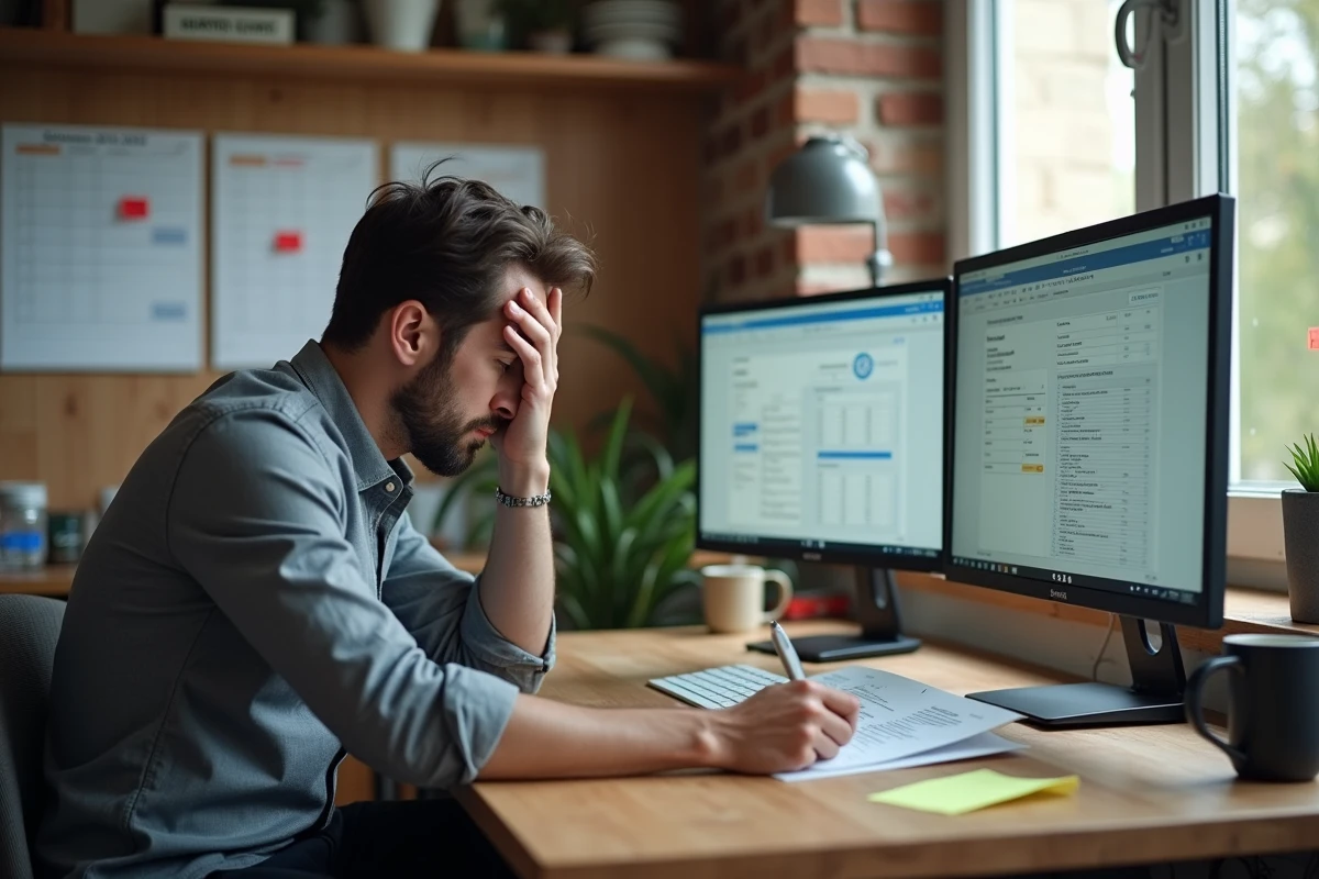 Entrepreneur à domicile face à la date limite du bilan comptable 2026, stressé devant ses documents fiscaux et son ordinateur