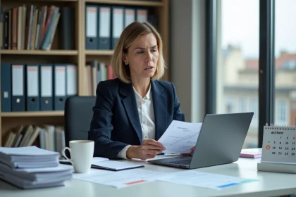 Comptable femme en retard sur le bilan comptable 2026, consultant des documents financiers à son bureau en open space