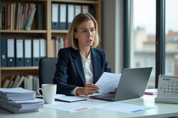 Comptable femme en retard sur le bilan comptable 2026, consultant des documents financiers à son bureau en open space