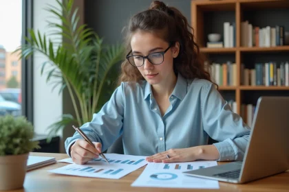Jeune femme débutante en finance personnelle analysant des graphiques financiers sur un ordinateur portable dans un bureau à domicile moderne