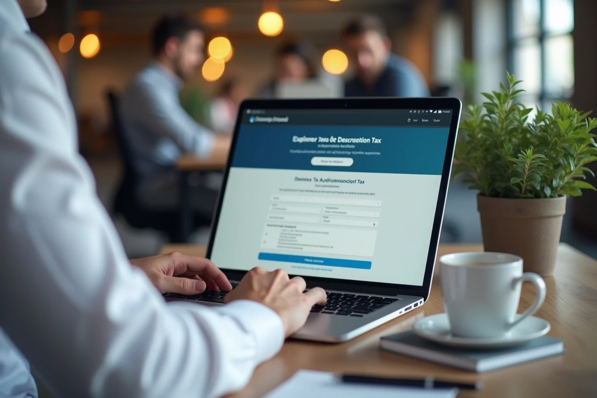 Homme remplissant sa déclaration d'impôts en ligne sur le site des impôts depuis un espace de coworking