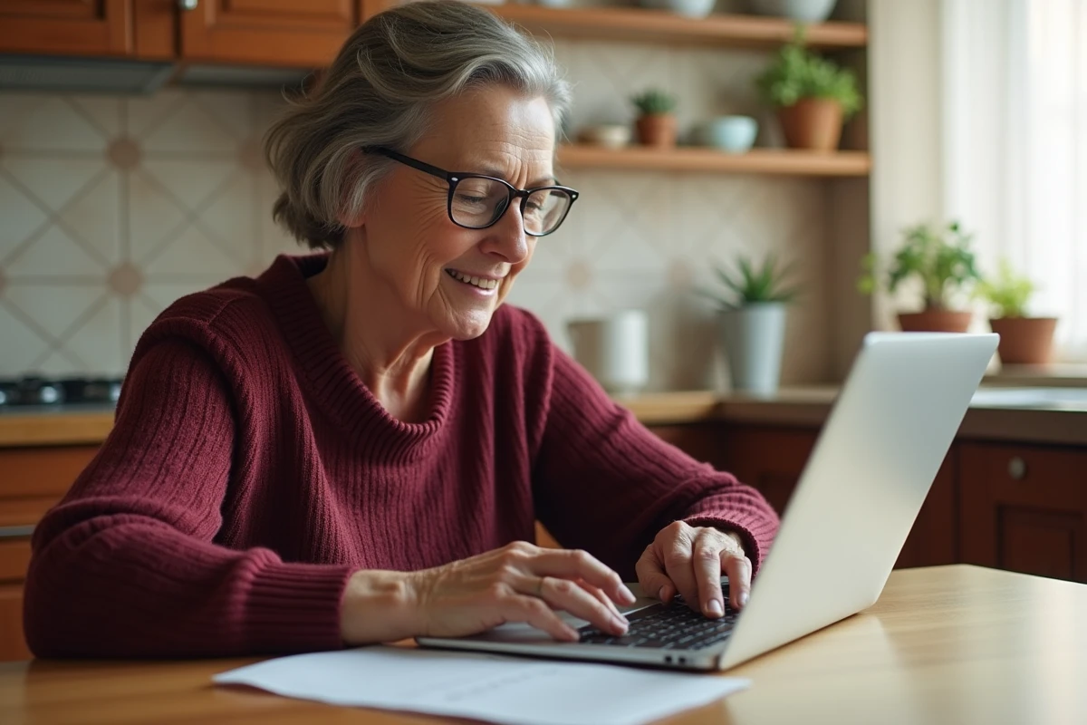 Femme d'âge mûr effectuant une demande de consultation du fichier Préventel en ligne depuis son domicile