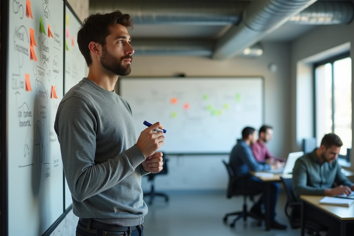 Jeune dirigeant de TPE présentant un plan de financement sans bilan sur tableau blanc dans un espace coworking