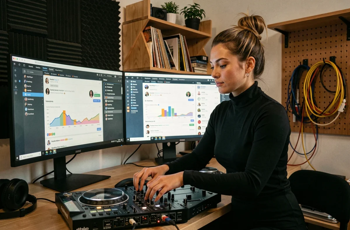 DJ femme dans un home studio analysant ses statistiques de réseaux sociaux et ses demandes de booking sur ordinateur