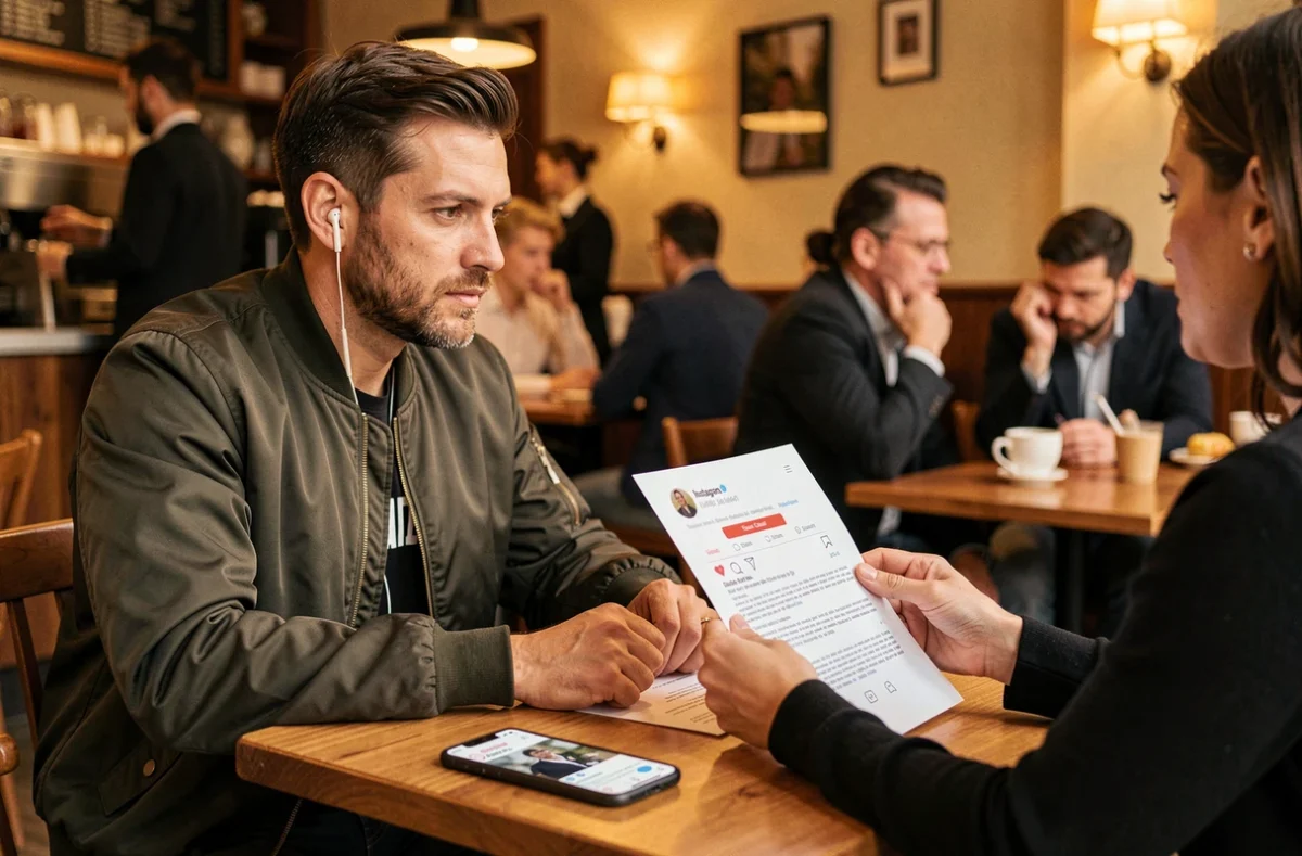 DJ et agent de booking négociant un cachet dans un café avec statistiques Instagram visibles sur smartphone