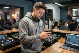 DJ consultant son téléphone avec des statistiques de réseaux sociaux devant une console de mixage en club urbain