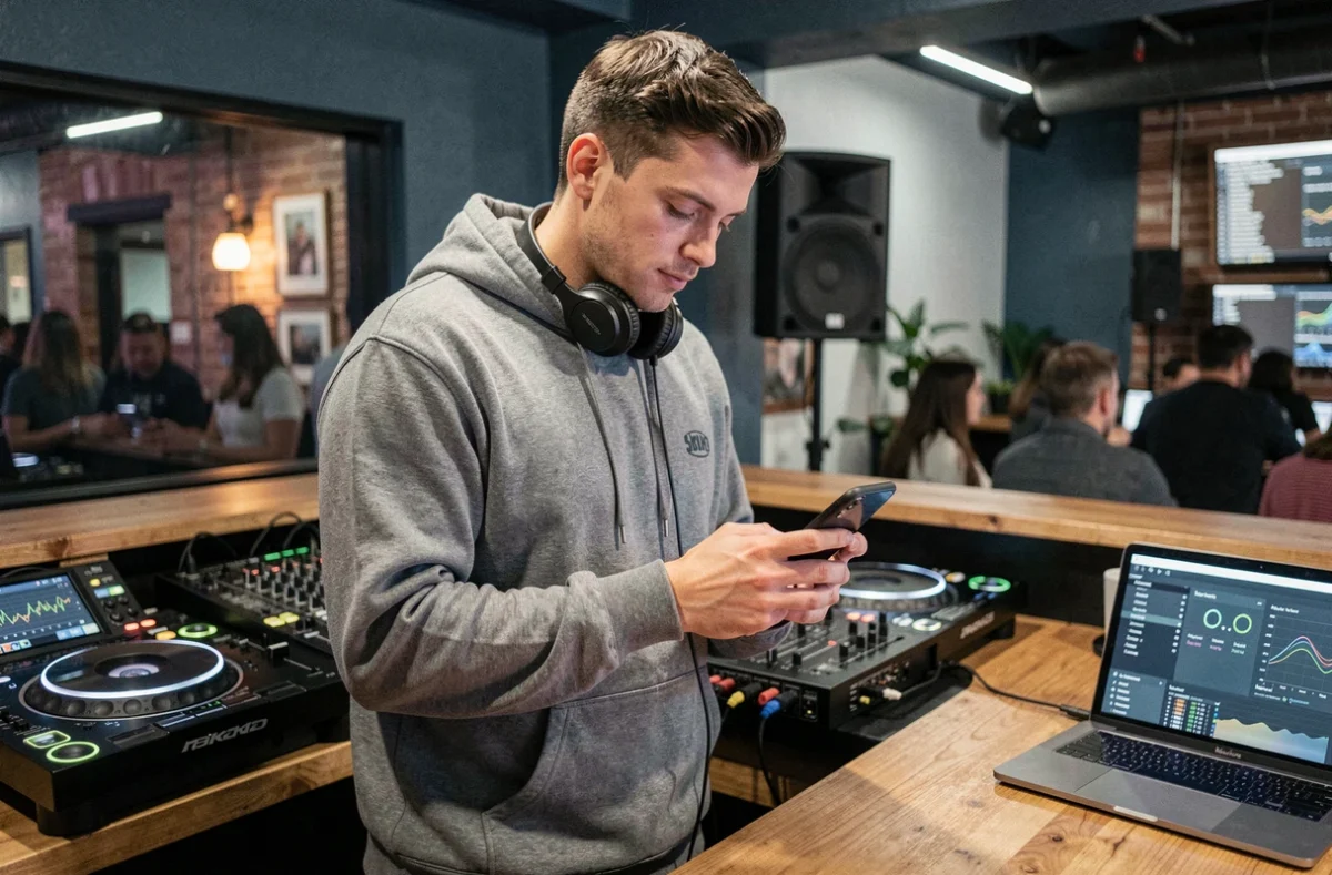 DJ consultant son téléphone avec des statistiques de réseaux sociaux devant une console de mixage en club urbain
