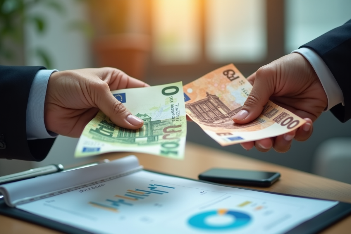 Echange de billets euros et document de salaire en gros plan