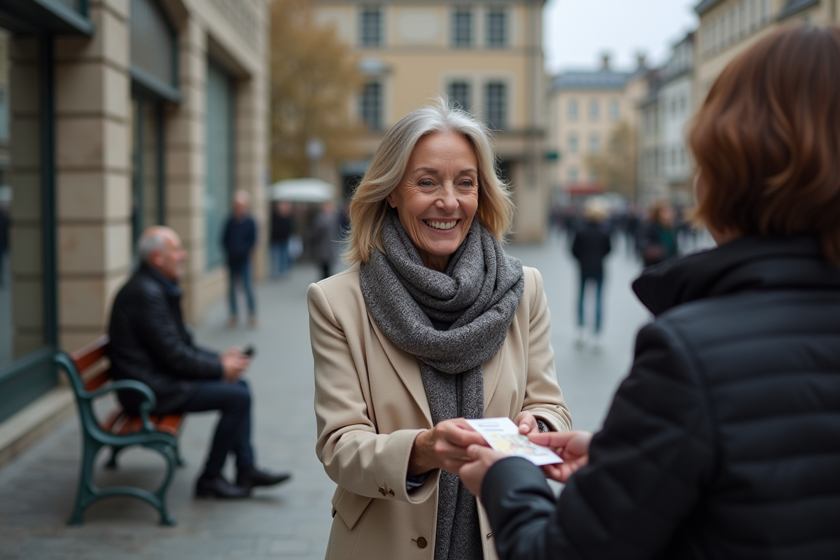 Femme échangeant une enveloppe dans un lieu urbain