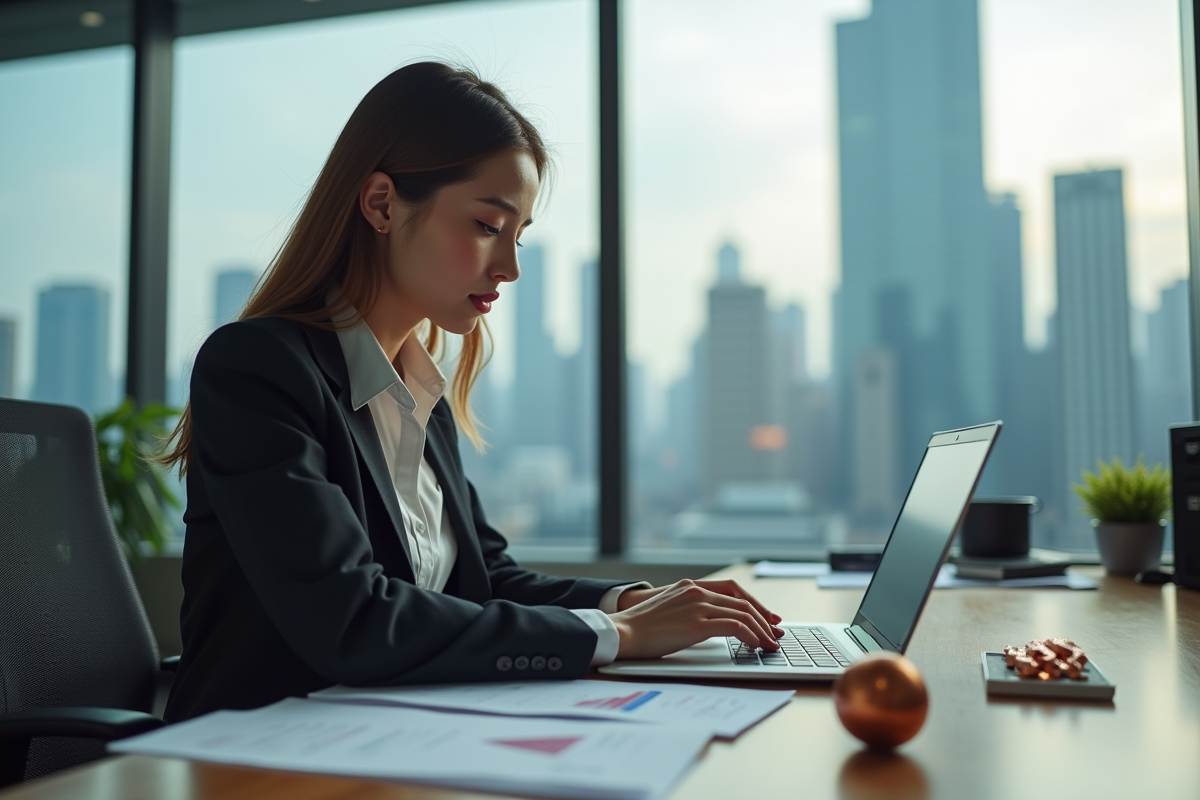 Jeune economiste analysant des graphiques de cuivre au bureau