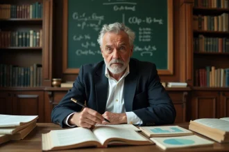 Économiste universitaire étudiant des théories keynésiennes dans un bureau académique rempli de livres et de graphiques économiques