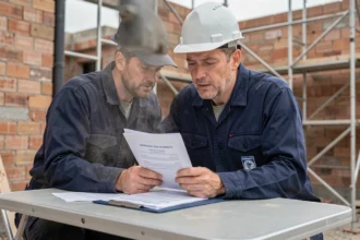 Électricien en tenue de travail consultant son attestation d'assurance décennale sur un chantier résidentiel