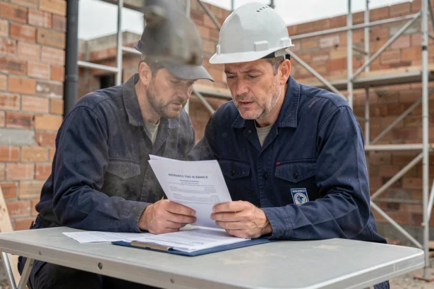 Électricien en tenue de travail consultant son attestation d'assurance décennale sur un chantier résidentiel