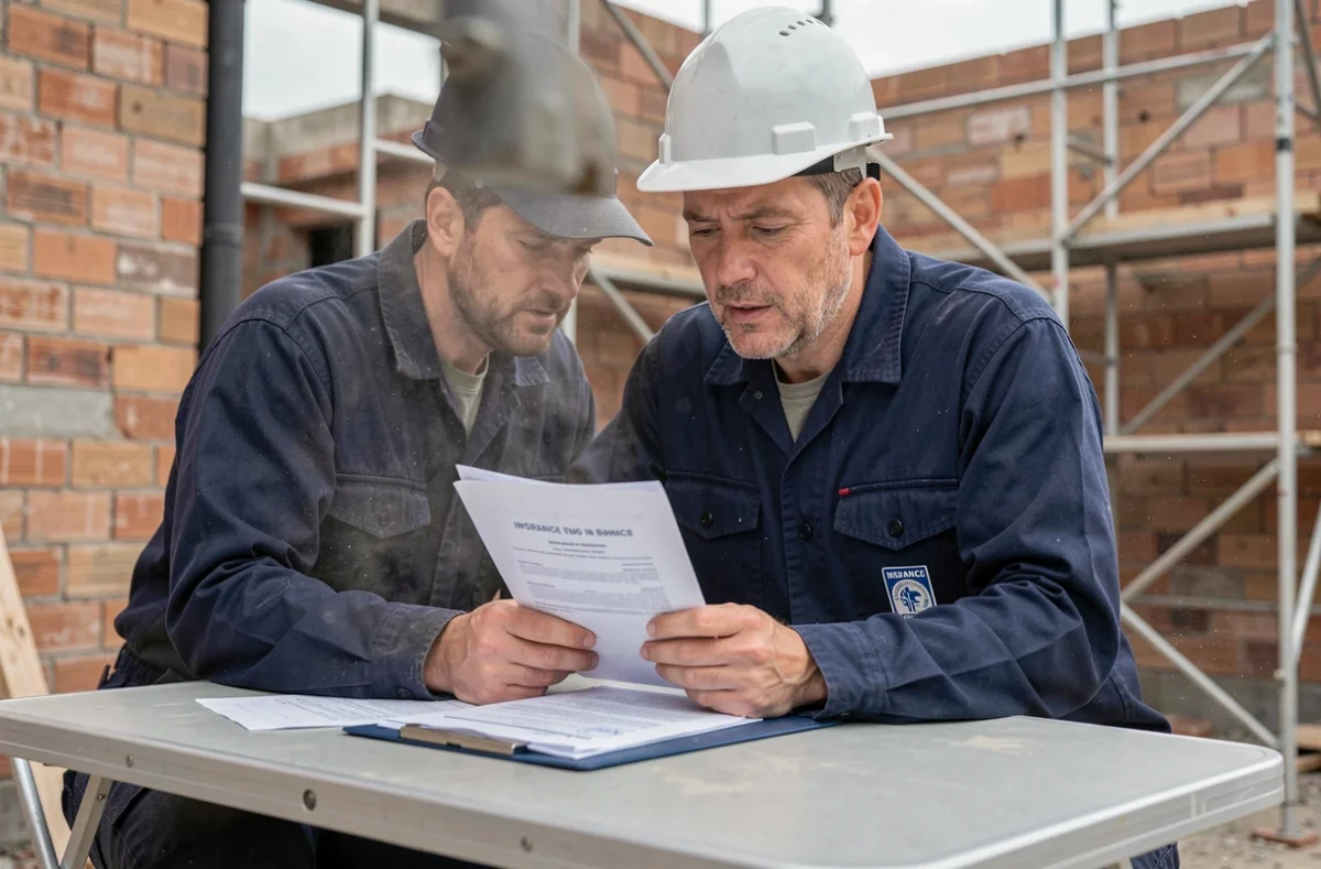 Électricien en tenue de travail consultant son attestation d'assurance décennale sur un chantier résidentiel