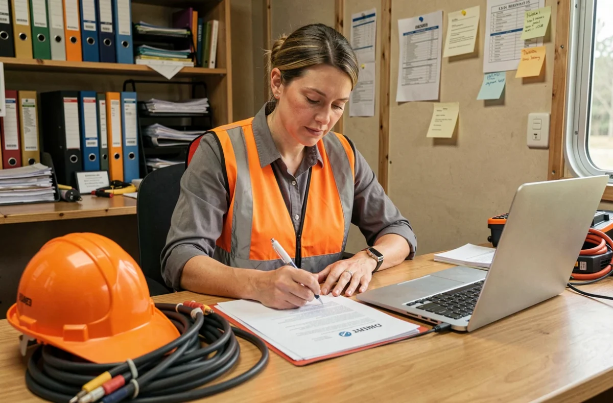 Électricienne signant un contrat d'assurance décennale dans un bureau de chantier
