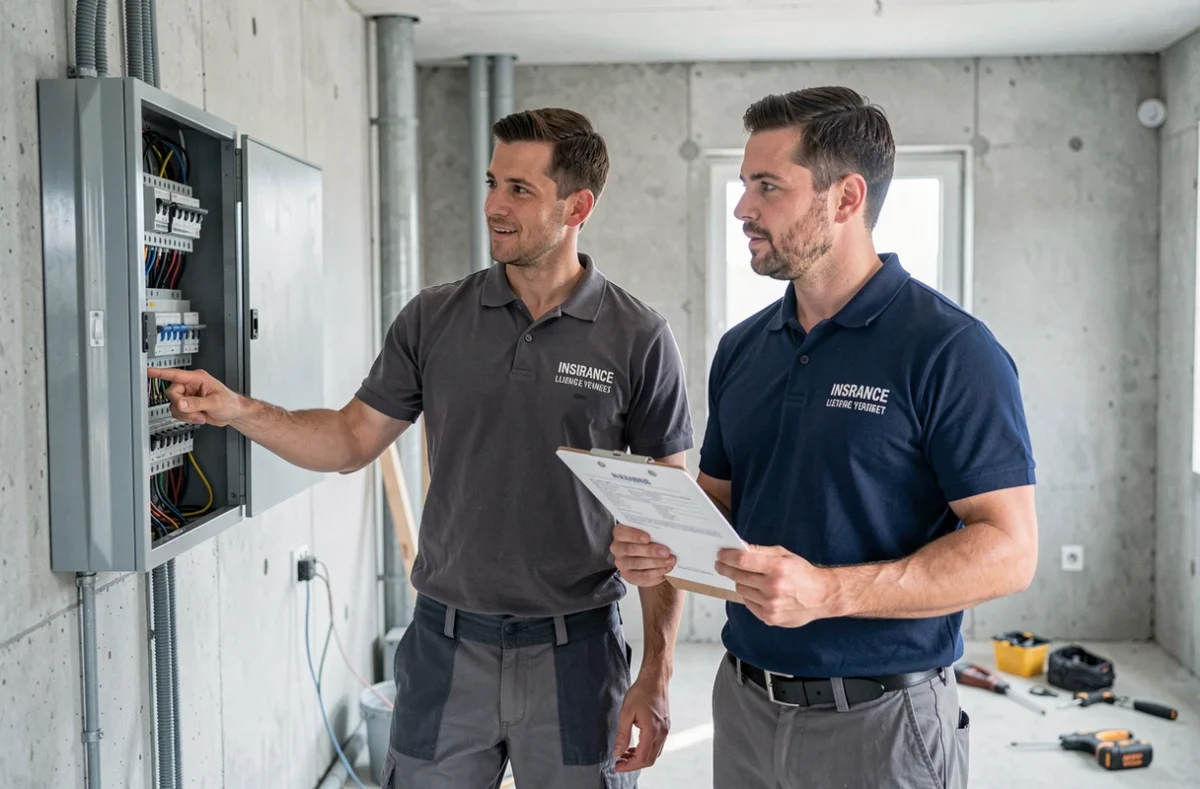 Deux électriciens discutant des documents d'assurance décennale devant un tableau électrique en chantier