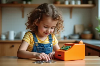 Jeune fille apprenant à compter des pièces de monnaie avec une caisse enregistreuse pour enfant sur une table en bois