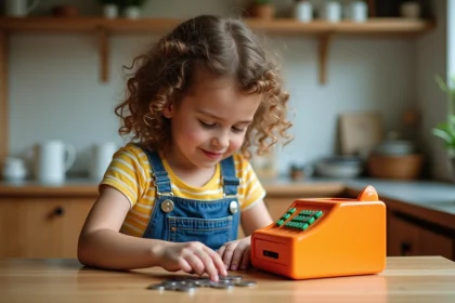 Jeune fille apprenant à compter des pièces de monnaie avec une caisse enregistreuse pour enfant sur une table en bois
